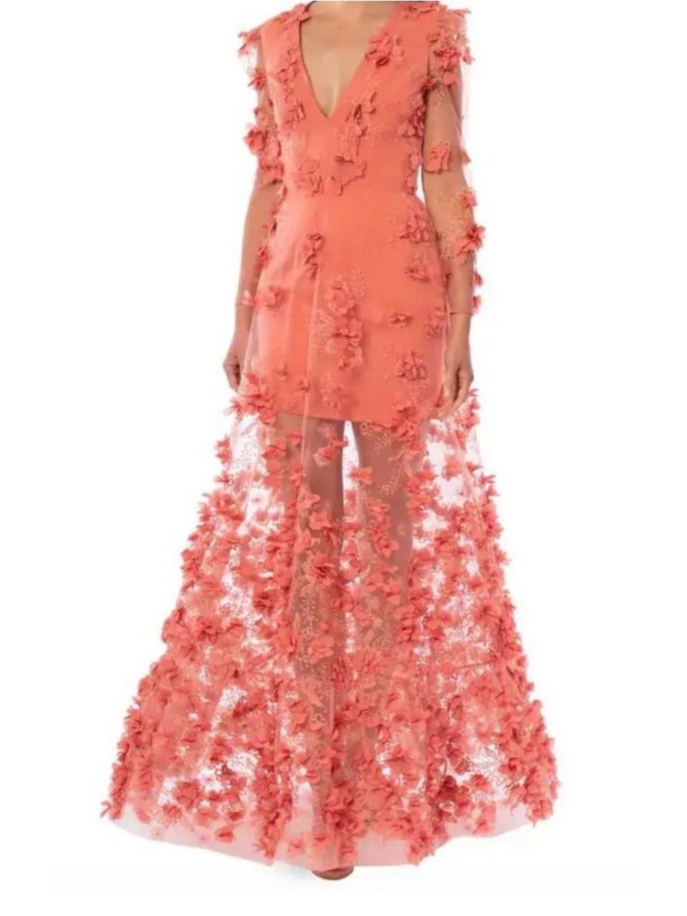 Coral 3D Floral Appliqué Maxi Dress - Women